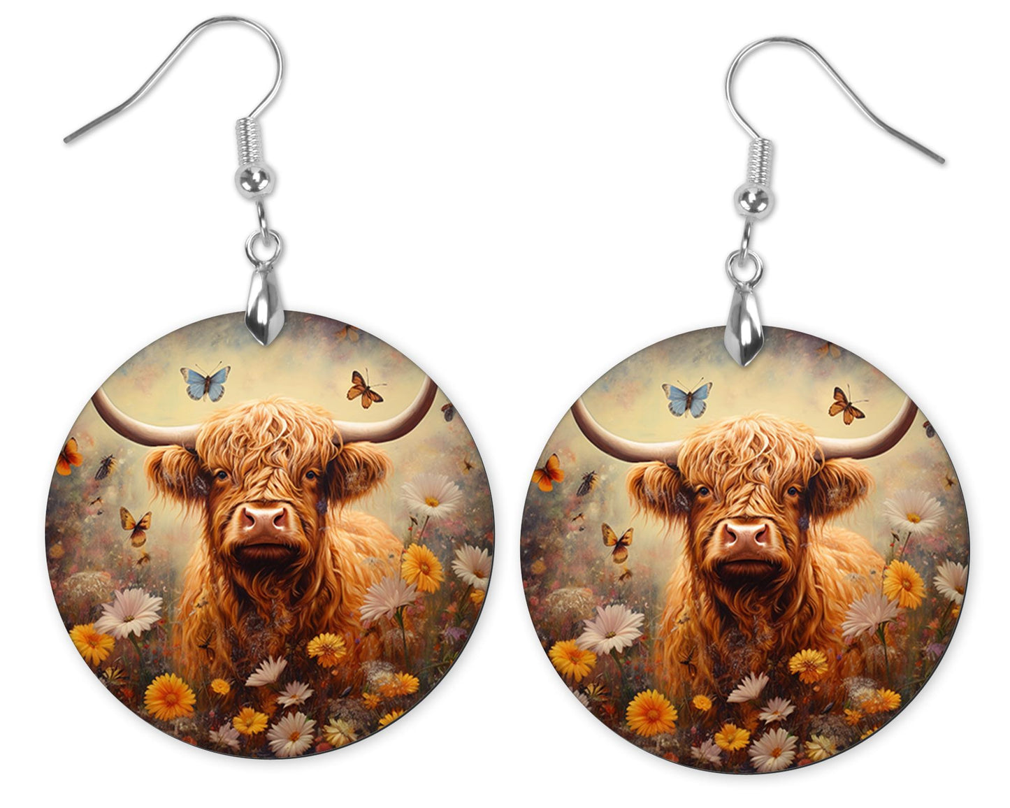 Yellow and White Floral Highland Cow Round Wood Dangle Earrings Hypoallergenic Jewelry