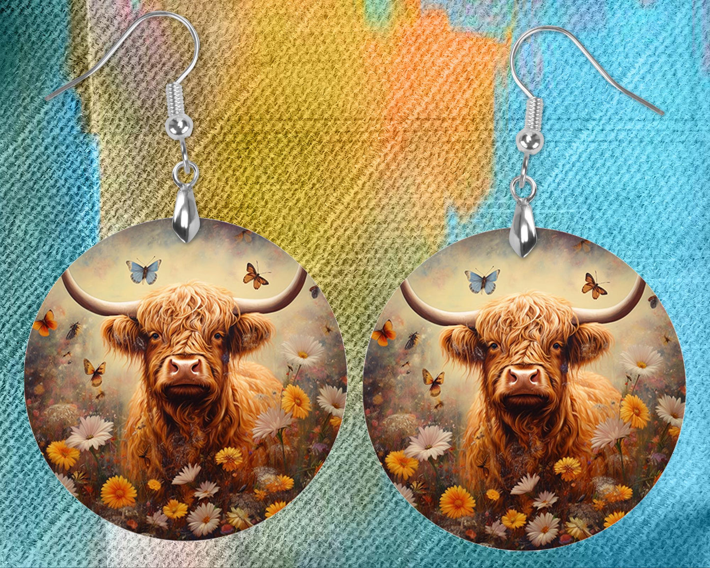 Yellow and White Floral Highland Cow Round Wood Dangle Earrings Hypoallergenic Jewelry