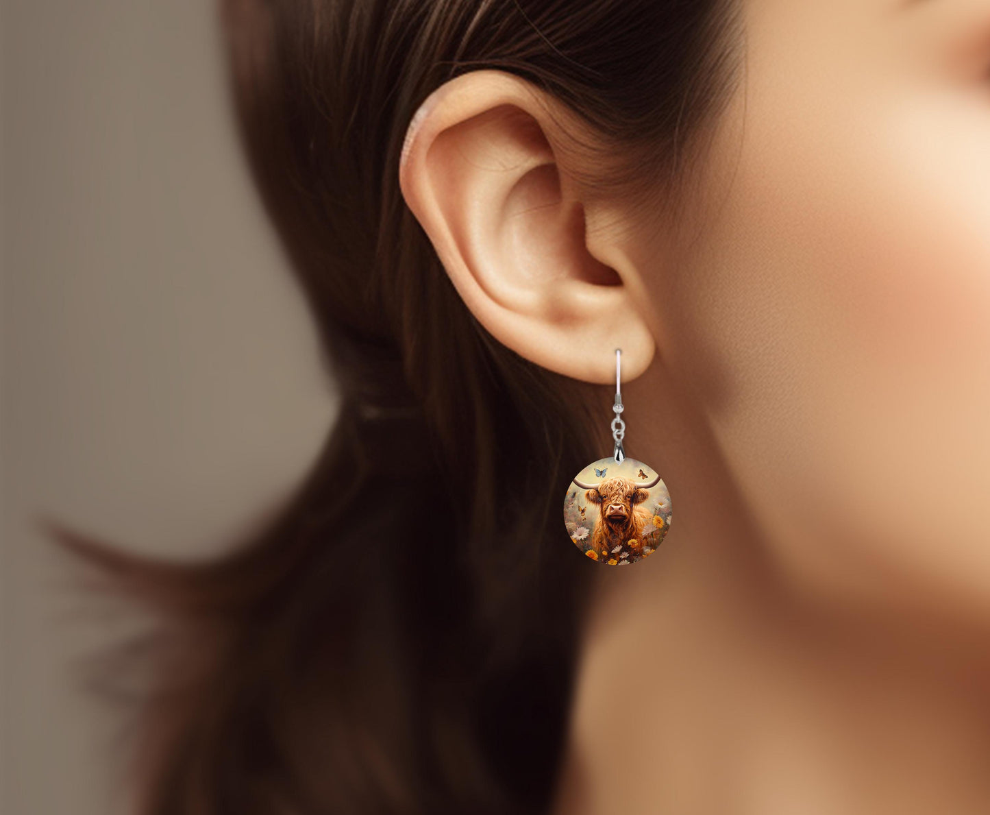 Yellow and White Floral Highland Cow Round Wood Dangle Earrings Hypoallergenic Jewelry