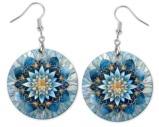 Blue Flower Mandala Round Wood Dangle Earrings Hypoallergenic Jewelry