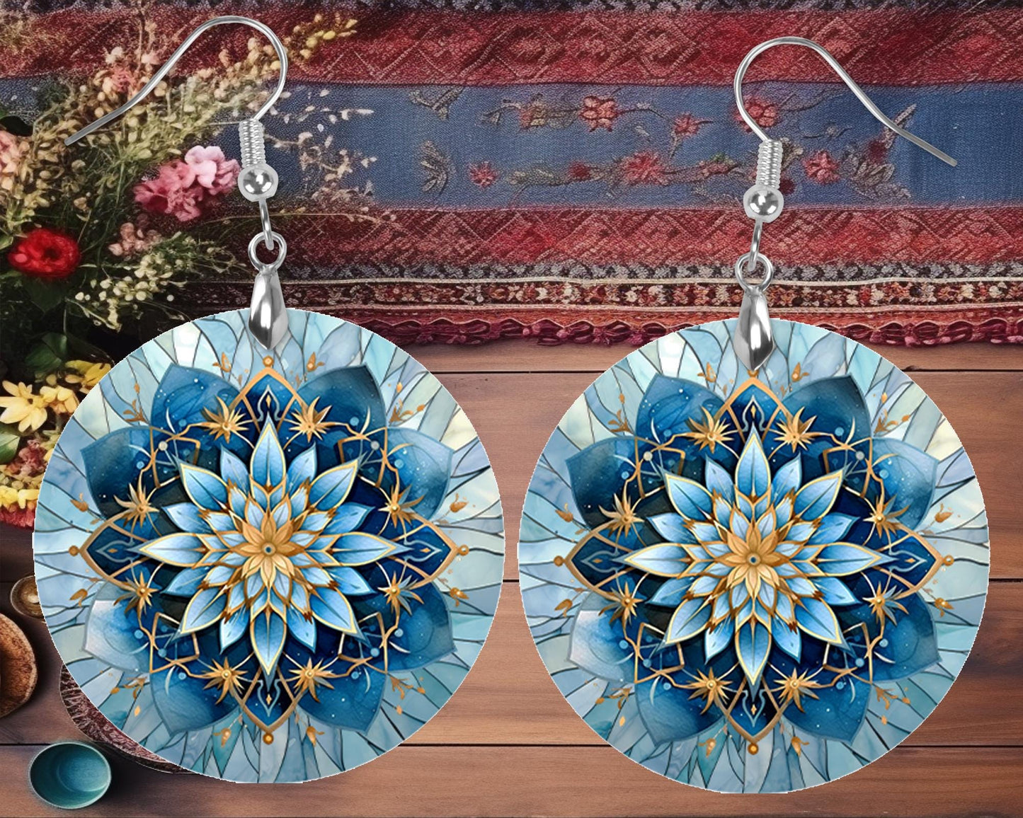 Blue Flower Mandala Round Wood Dangle Earrings Hypoallergenic Jewelry