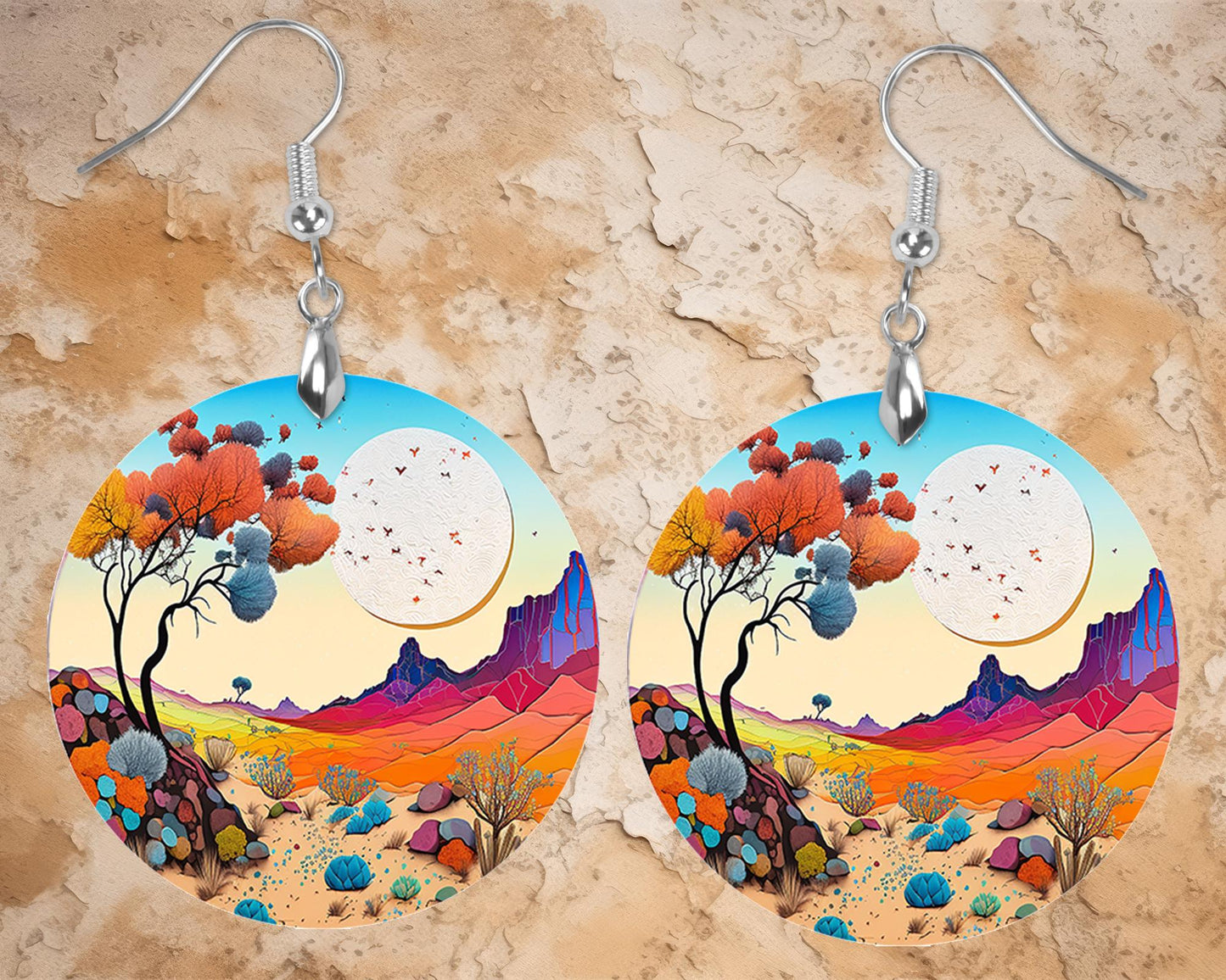 Desert in Color Round Wood Dangle Earrings Hypoallergenic Jewelry