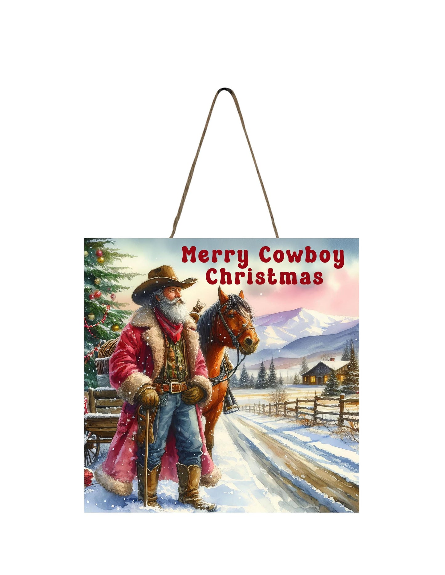 Merry Cowboy Christmas Printed Handmade Wood Christmas Ornament Mini Sign