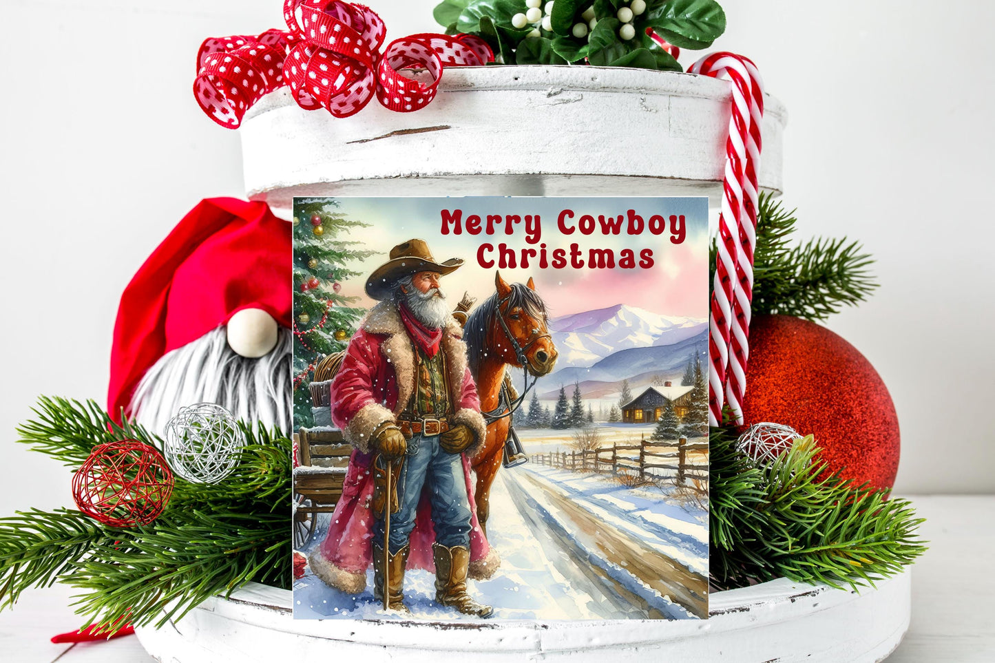 Merry Cowboy Christmas Printed Handmade Wood Christmas Ornament Mini Sign