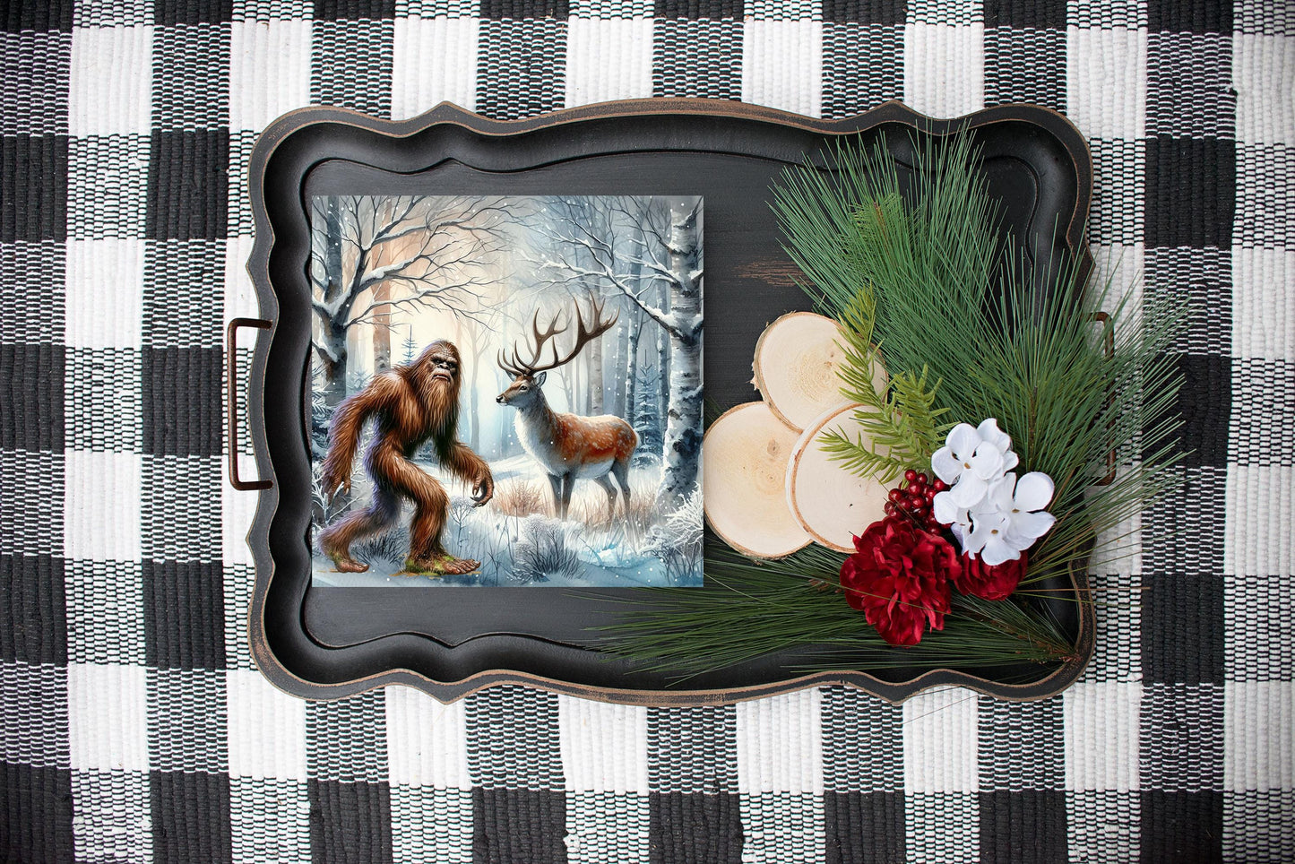 Bigfoot and Deer Christmas Ornament, Tier Tray Decor, Wreath Sign, Mini Sign, Door Hanger