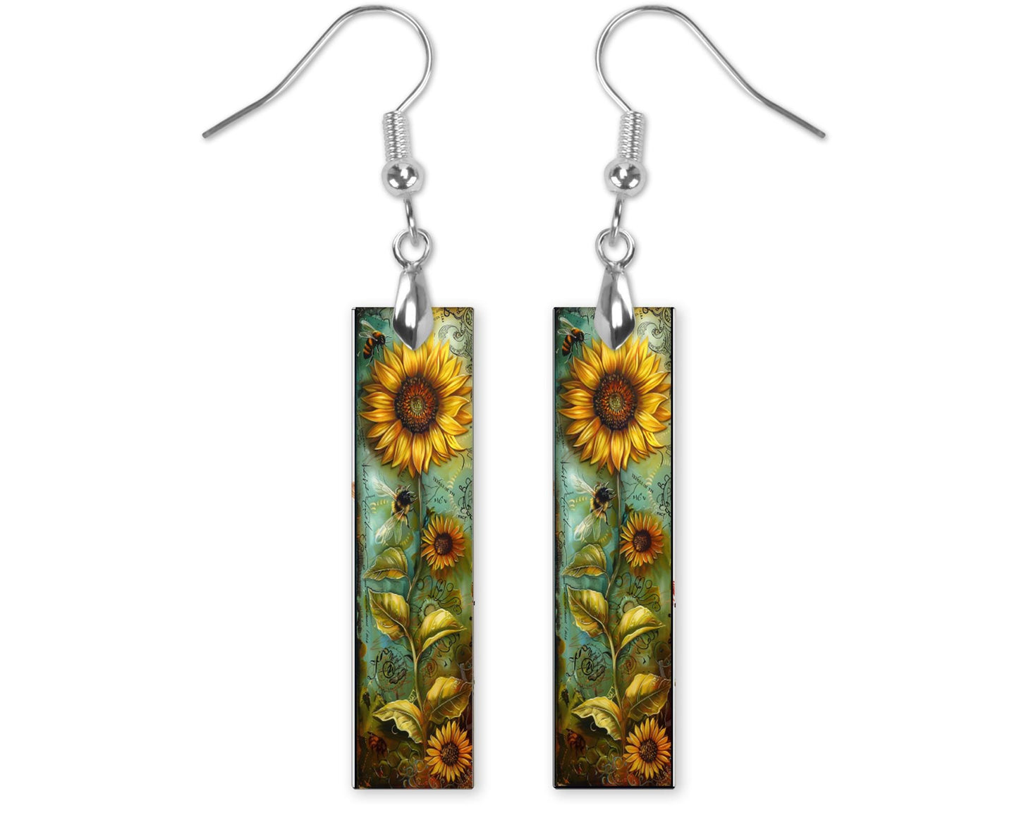 Yellow Sunflower Earrings, Bar Dangle Printed Earrings Jewelry Handmade