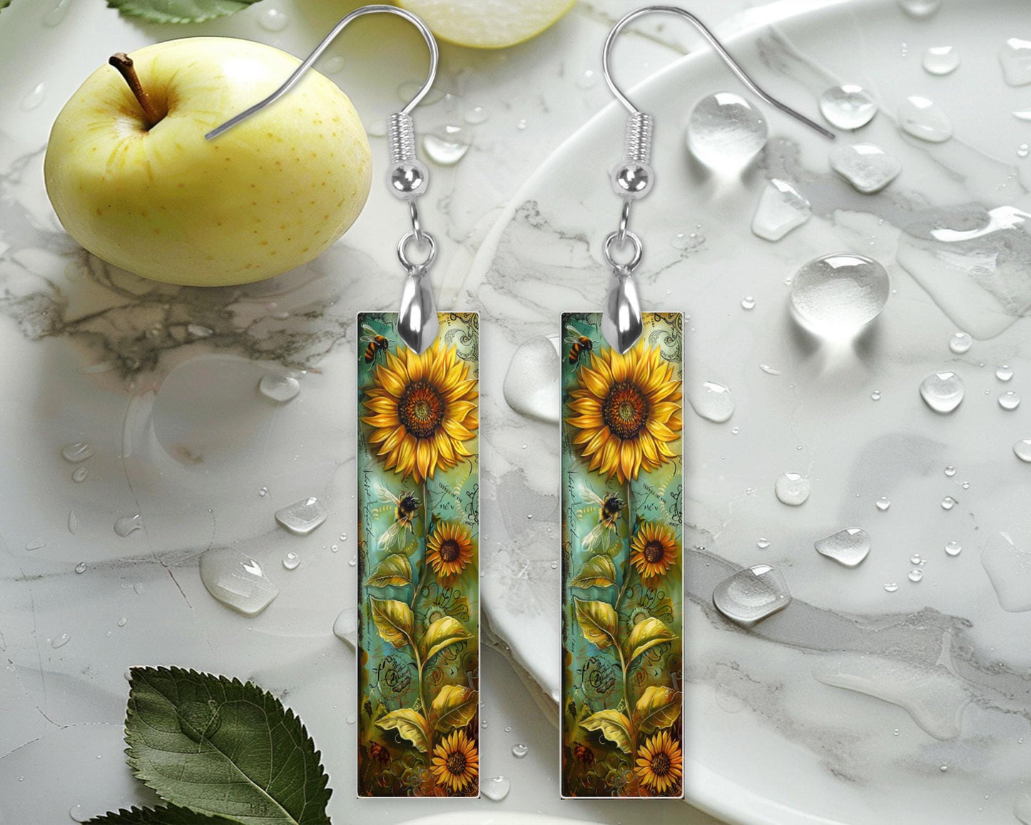 Yellow Sunflower Earrings, Bar Dangle Printed Earrings Jewelry Handmade