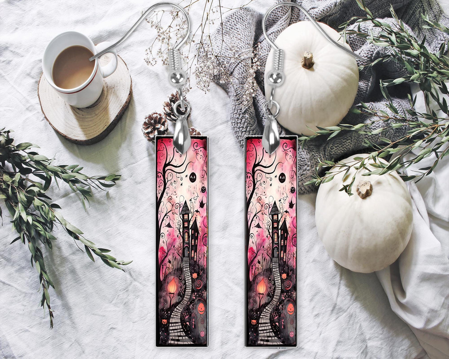 Halloween Pink Haunted House Earrings, Bar Dangle Printed Earrings Jewelry Handmade