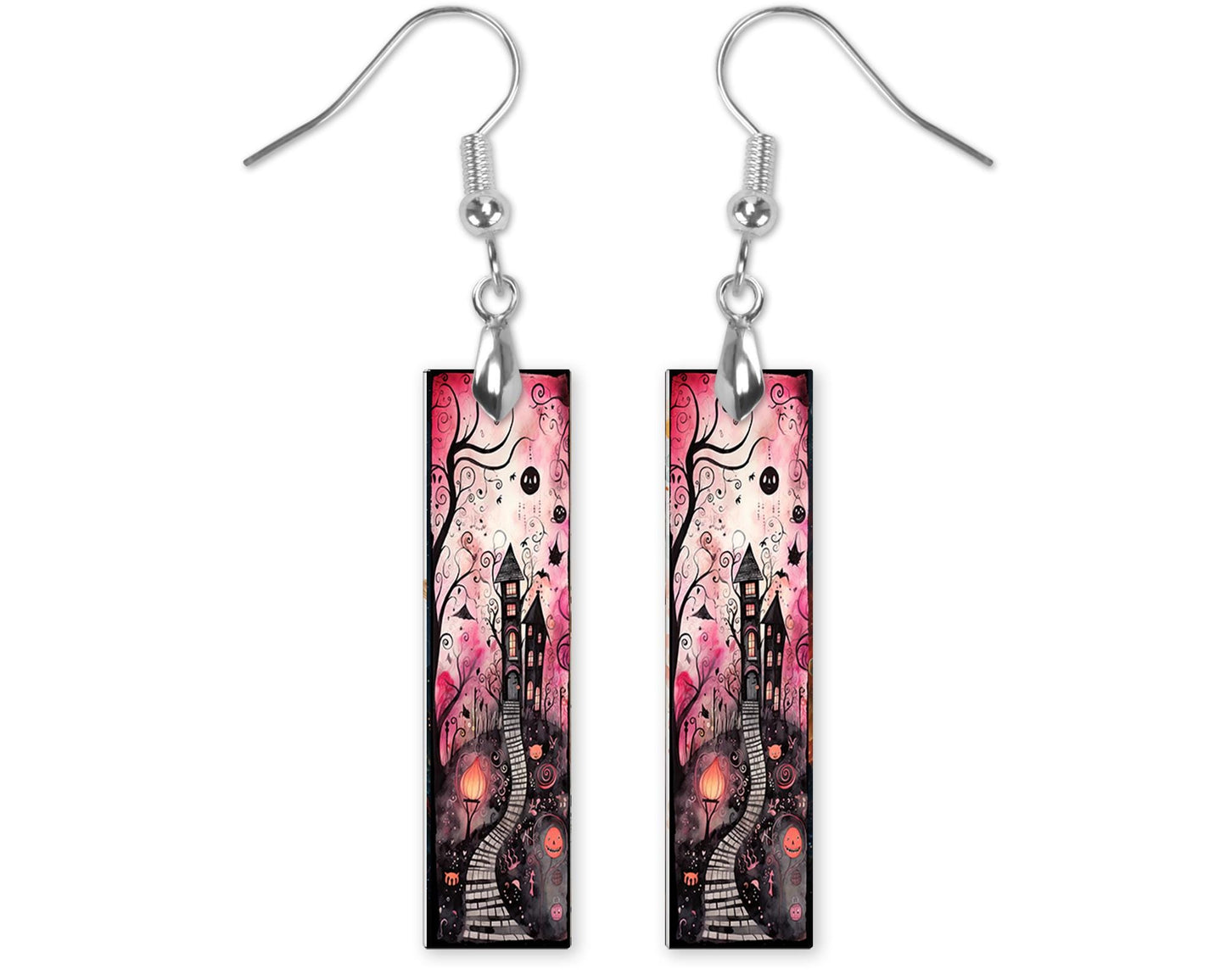 Halloween Pink Haunted House Earrings, Bar Dangle Printed Earrings Jewelry Handmade