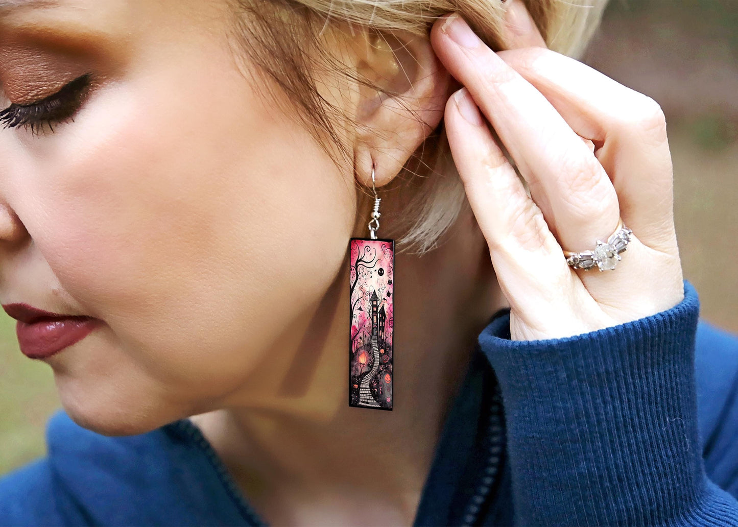 Halloween Pink Haunted House Earrings, Bar Dangle Printed Earrings Jewelry Handmade