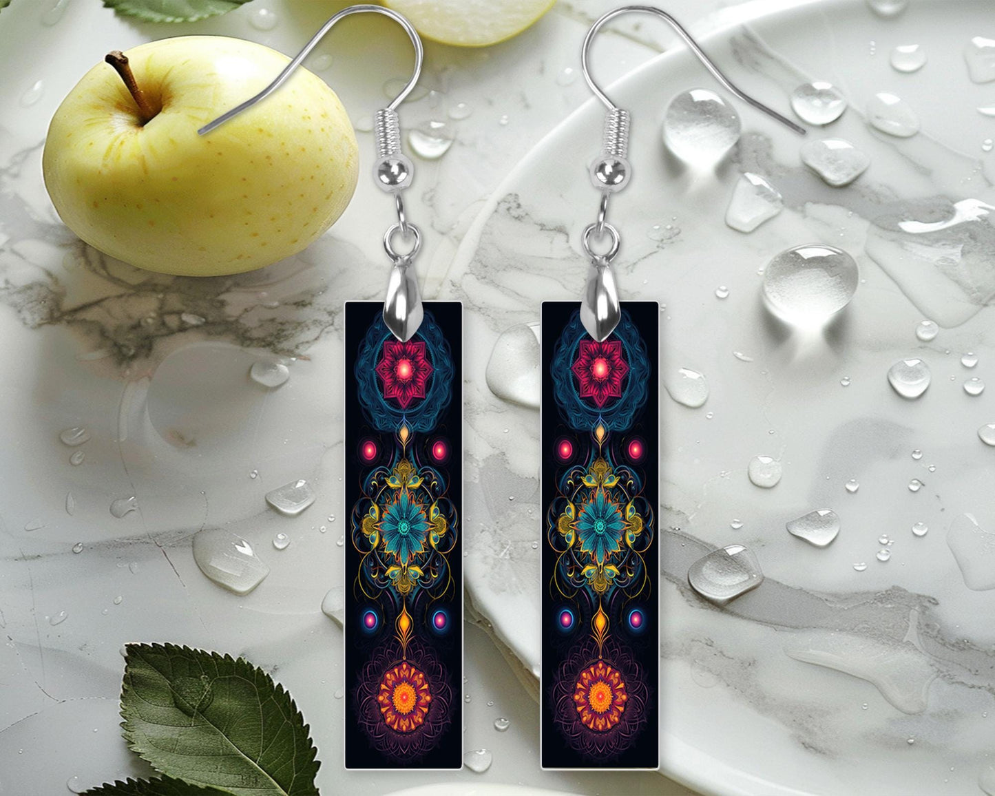 Three Mandala Earrings, Bar Dangle Printed Earrings Jewelry Handmade