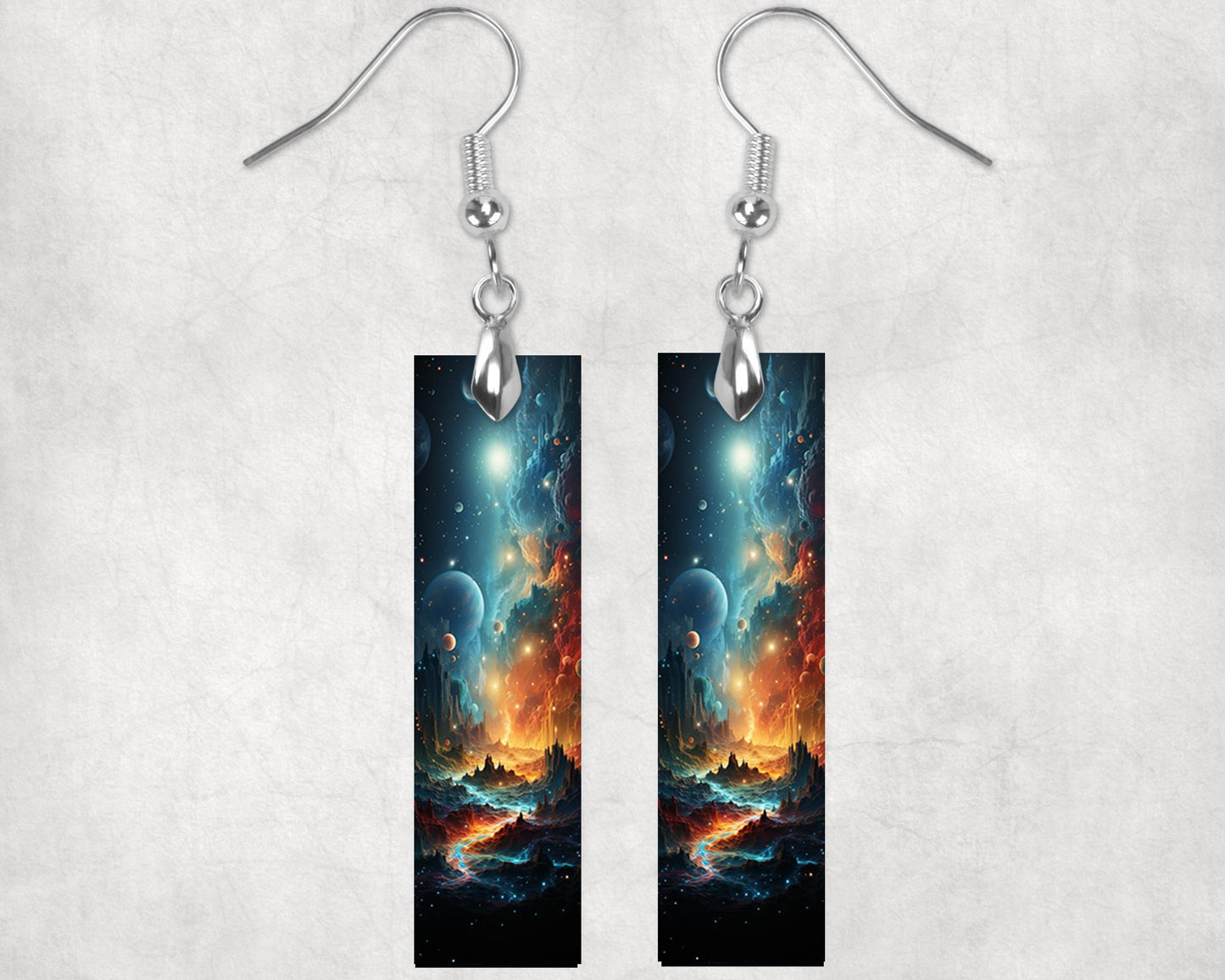 Outer Space World Printed Wood Dangle Earrings Hypoallergenic Jewelry Handmade