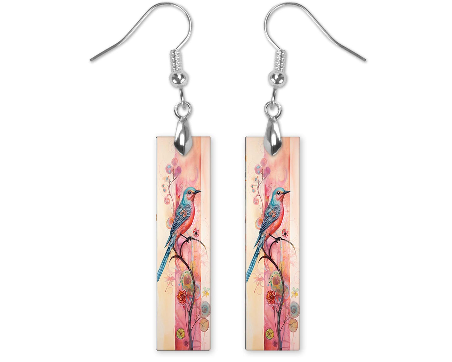 Quirky Bird Bar Printed Wood Dangle Earrings Hypoallergenic Jewelry Handmade