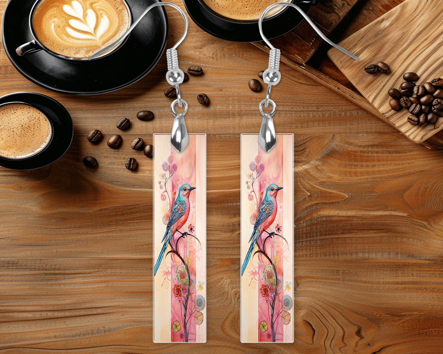 Quirky Bird Bar Printed Wood Dangle Earrings Hypoallergenic Jewelry Handmade