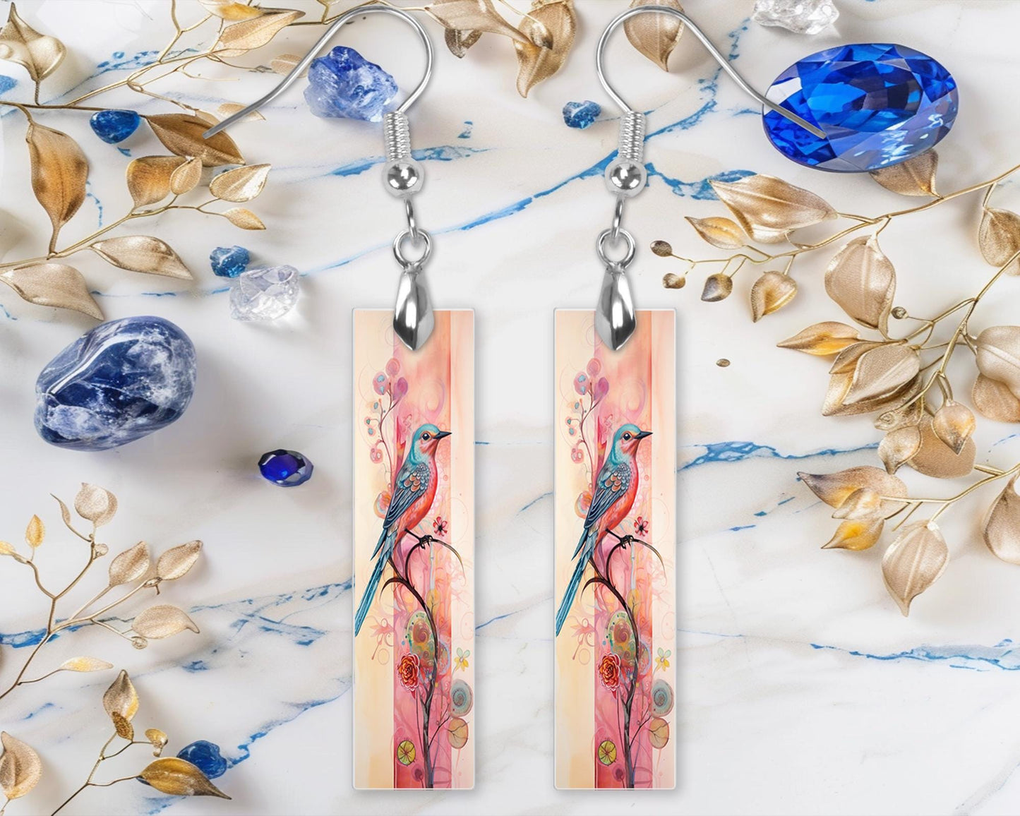 Quirky Bird Bar Printed Wood Dangle Earrings Hypoallergenic Jewelry Handmade