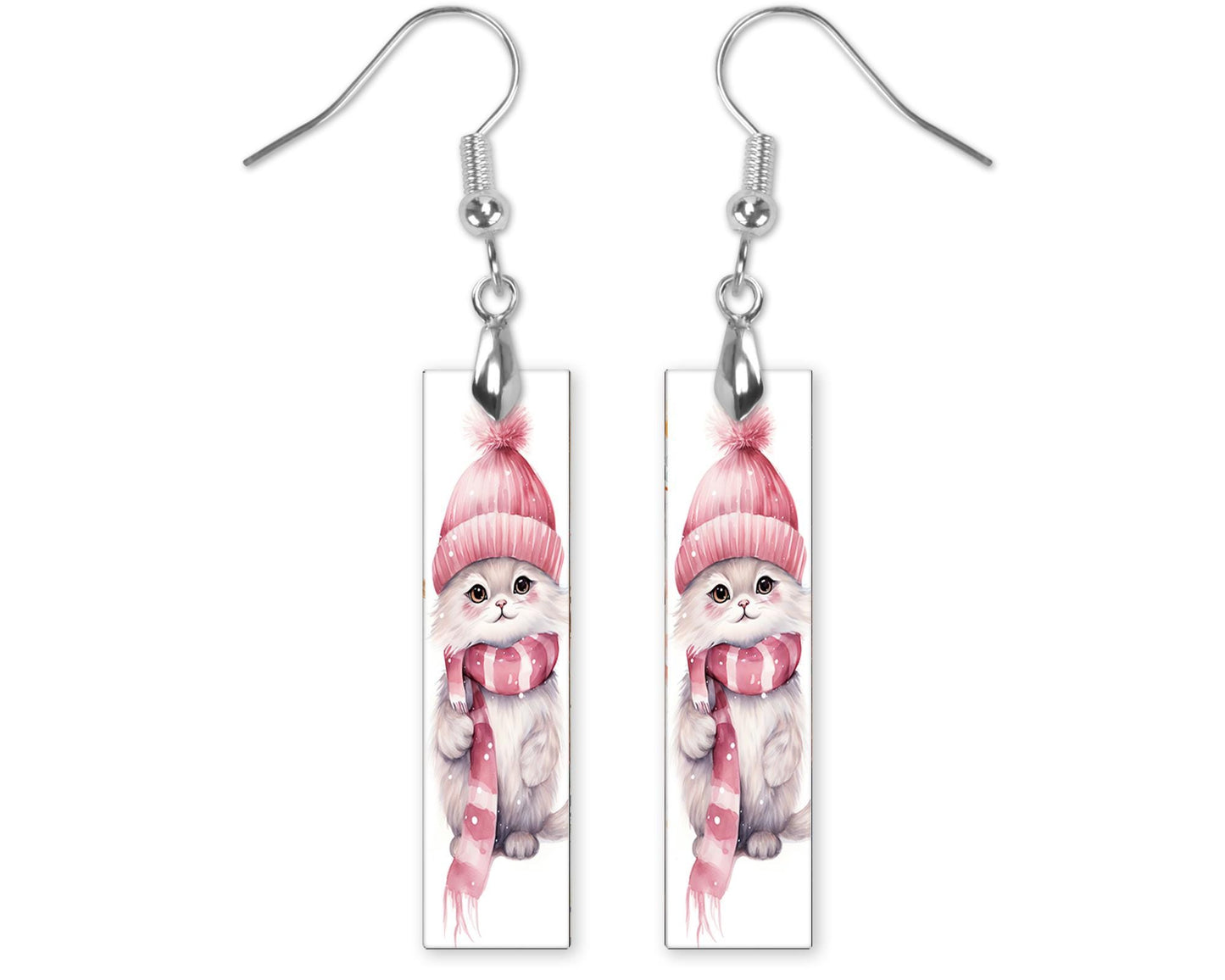 Pink Christmas Cat Bar Printed Wood Dangle Earrings Hypoallergenic Jewelry Handmade