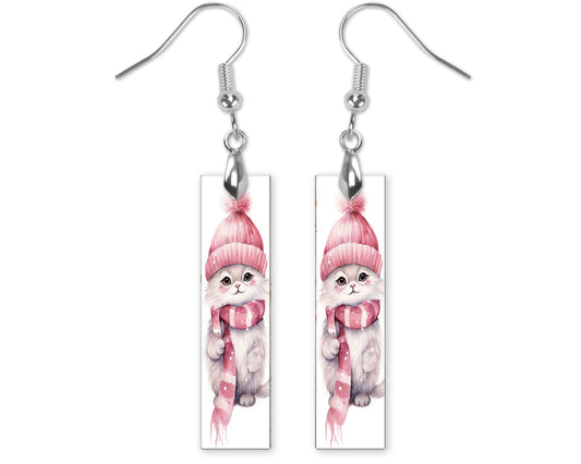 Pink Christmas Cat Bar Printed Wood Dangle Earrings Hypoallergenic Jewelry Handmade