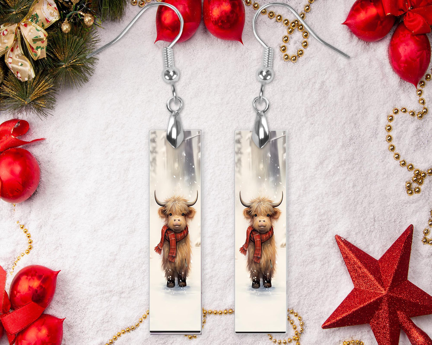 Winter Highland Cow Bar Printed Wood Dangle Earrings Hypoallergenic Jewelry Handmade