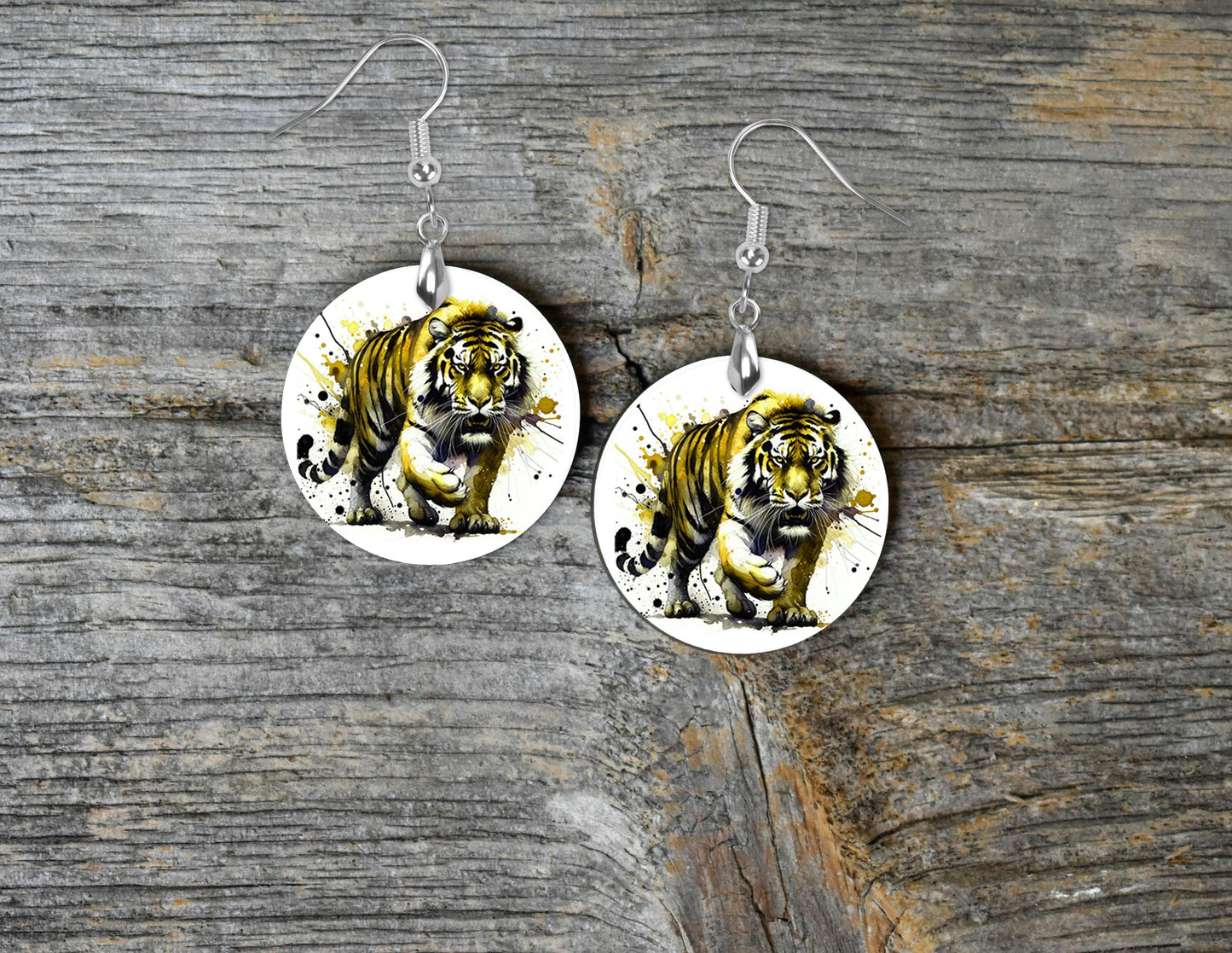 Full Body Tiger Round Wood Dangle Earrings Hypoallergenic Jewelry