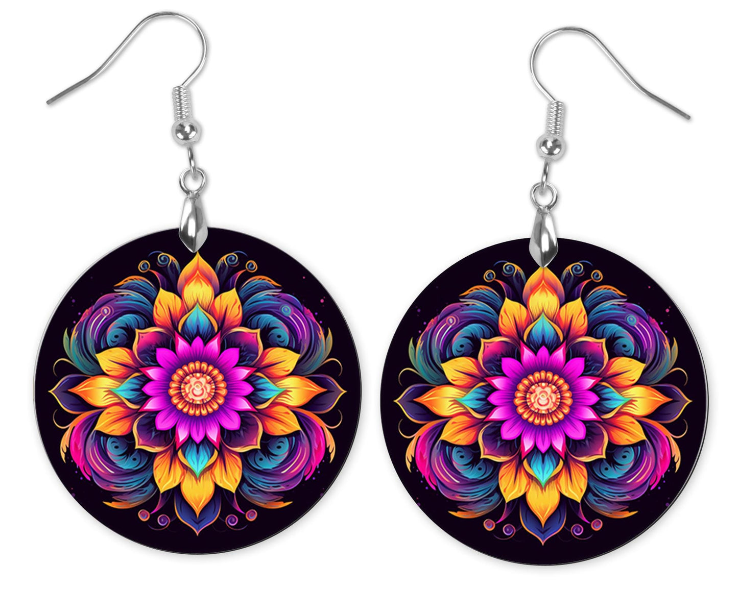 Lotus Mandala Round Wood Dangle Earrings Hypoallergenic Jewelry