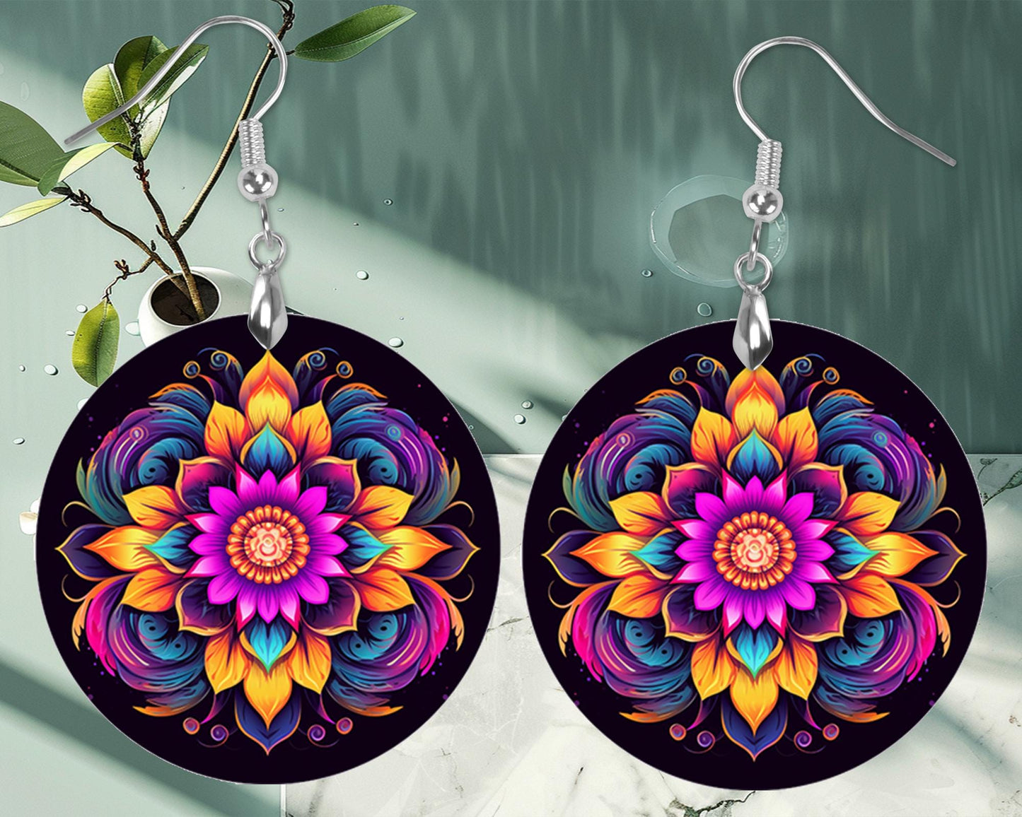 Lotus Mandala Round Wood Dangle Earrings Hypoallergenic Jewelry