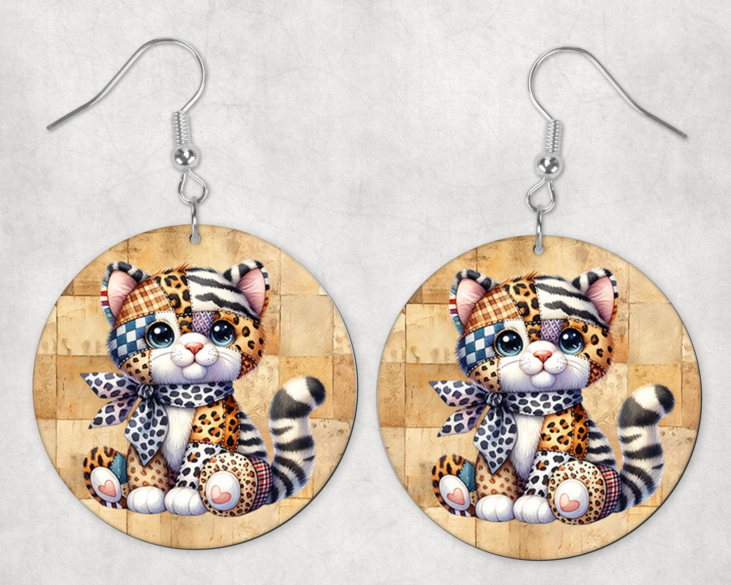 Animal Print Quilted Cat Round Printed Wood Earrings Handmade Jewelry