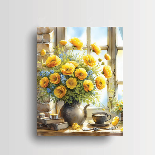 11x14 Yellow Flowers on Windowsill Wall Art Canvas Print