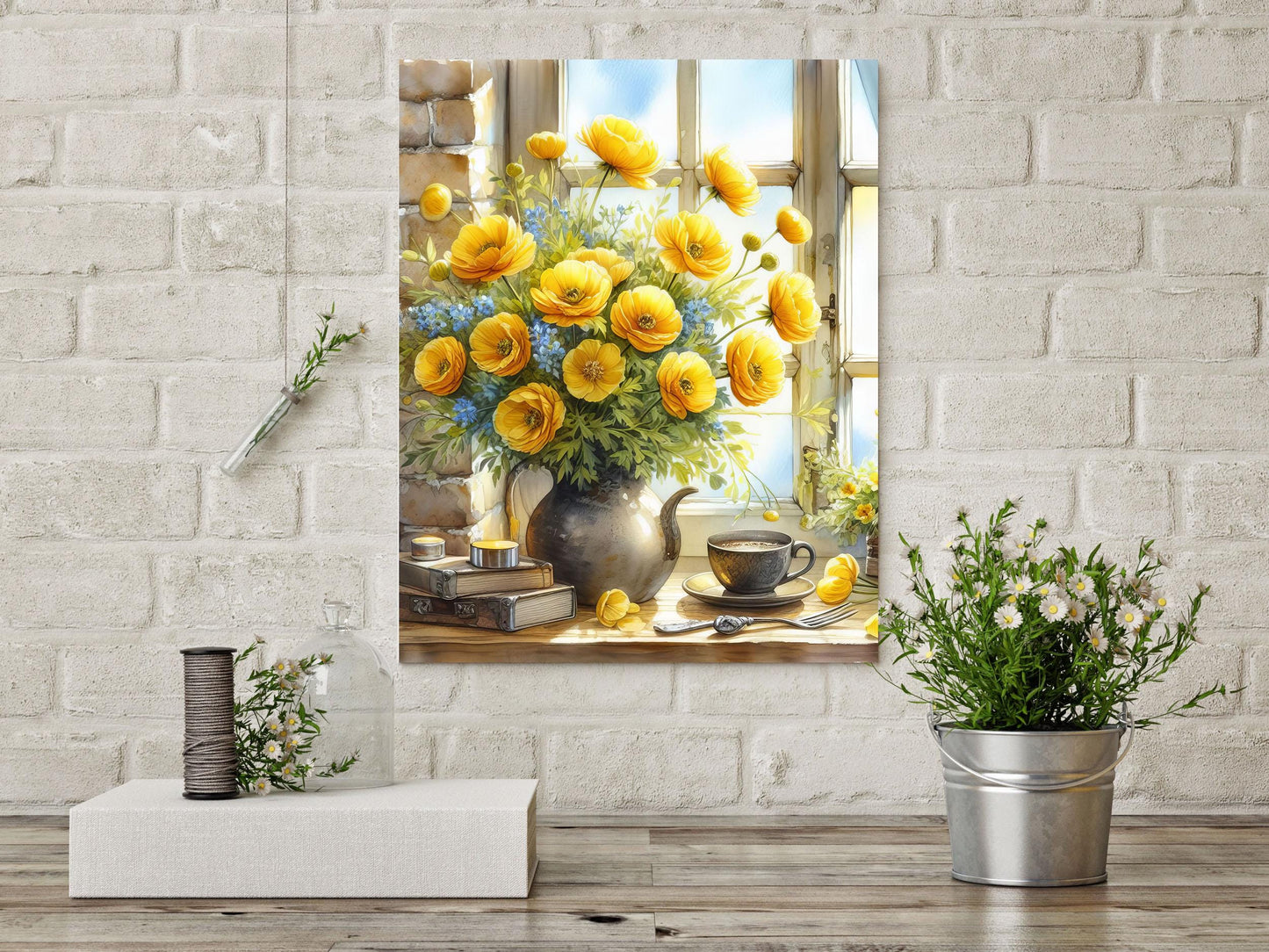 11x14 Yellow Flowers on Windowsill Wall Art Canvas Print