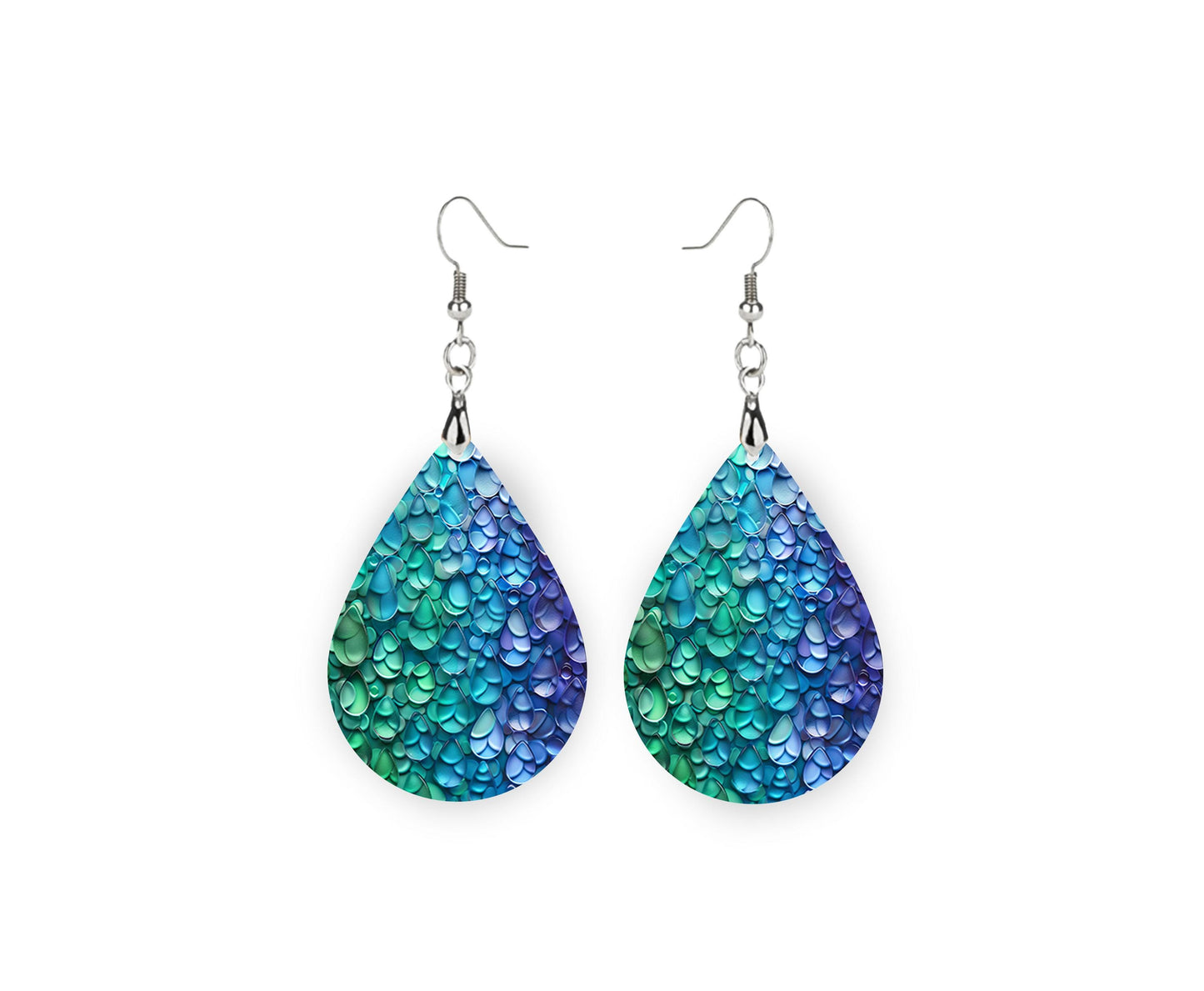 Blue Green Petals Print Earrings, Teardrop Dangle Printed Earrings Jewelry Handmade