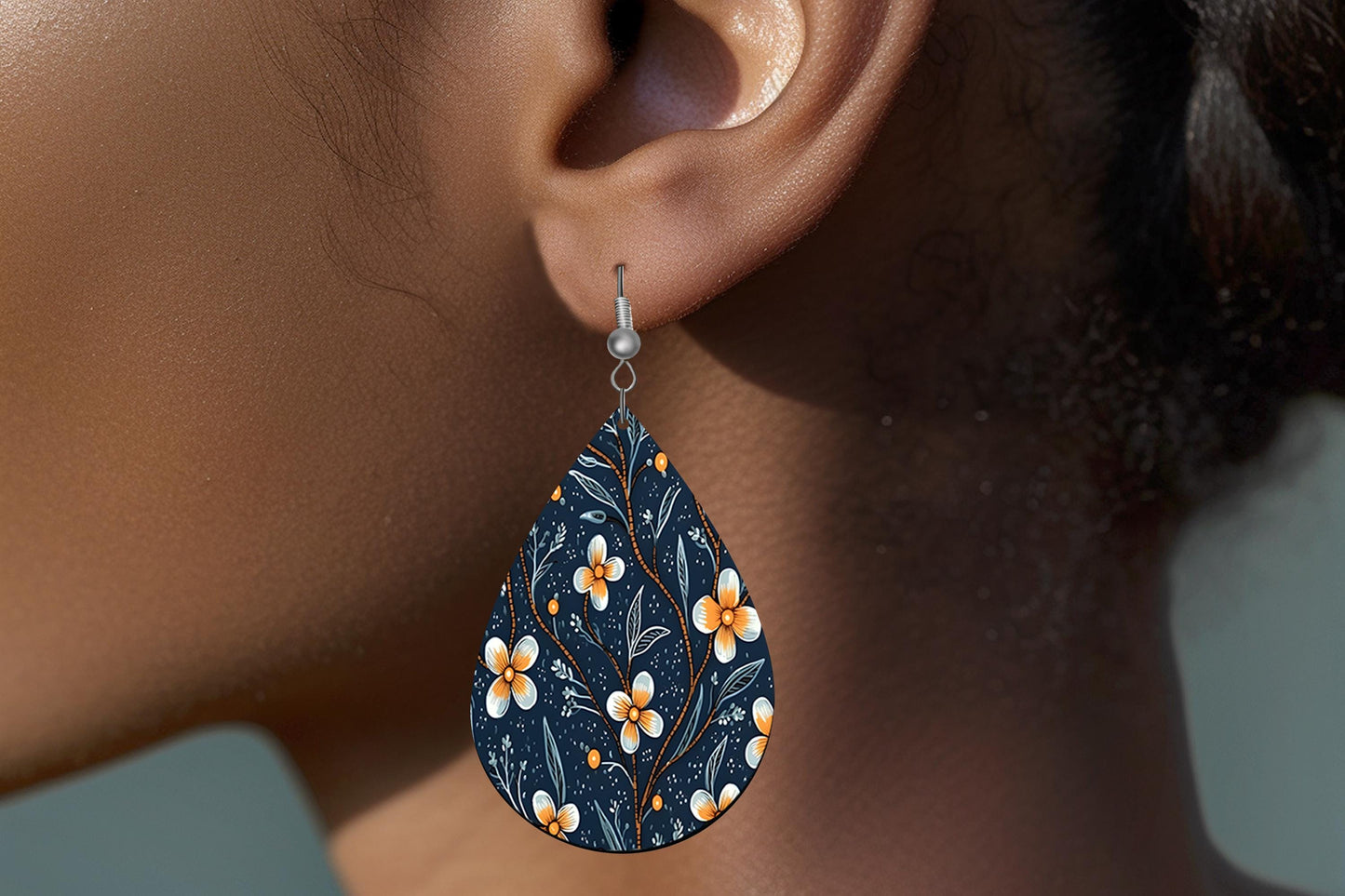 Blue and Orange Flowers on Navy Print Earrings, Teardrop Dangle Printed Earrings Jewelry Handmade