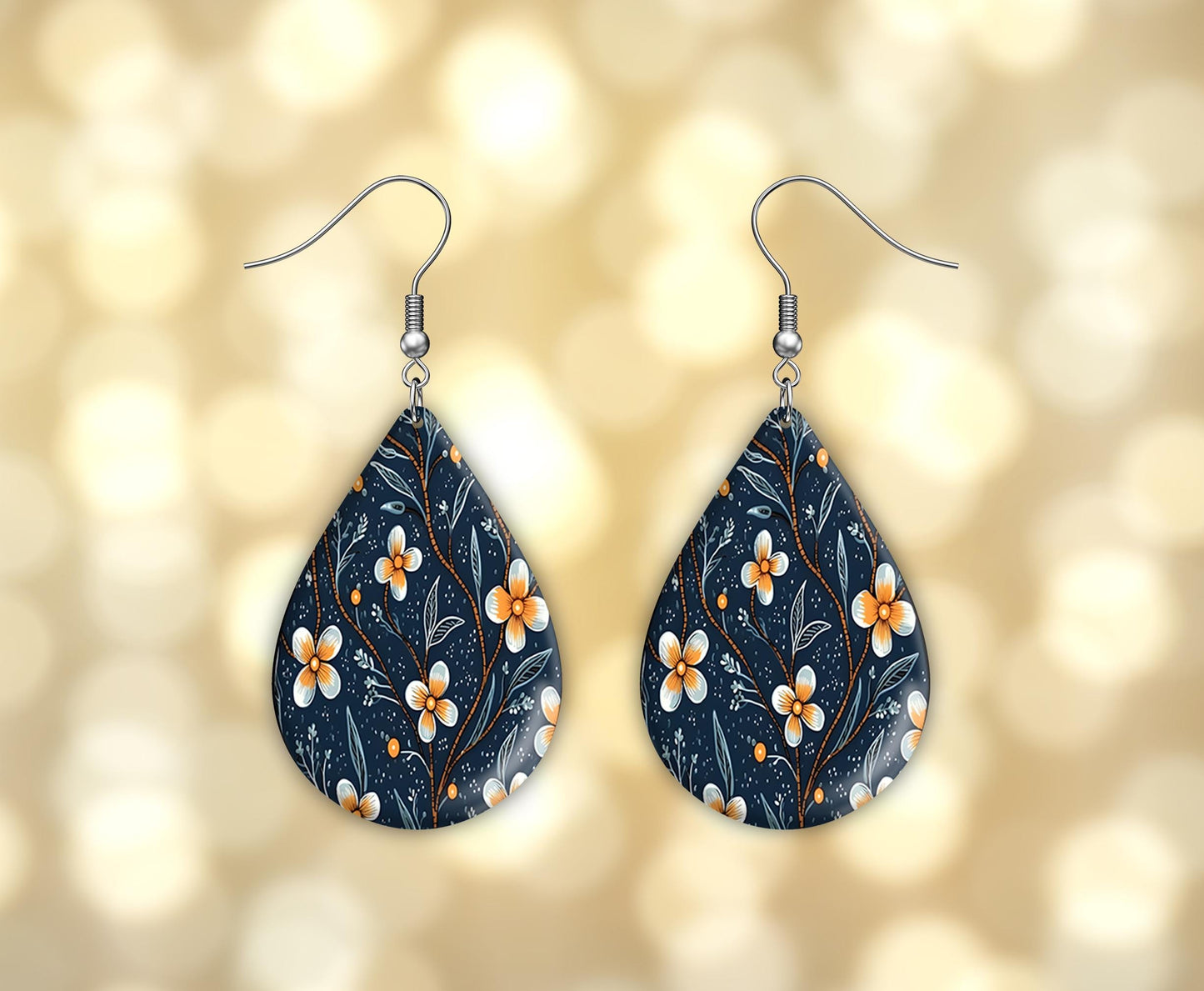 Blue and Orange Flowers on Navy Print Earrings, Teardrop Dangle Printed Earrings Jewelry Handmade