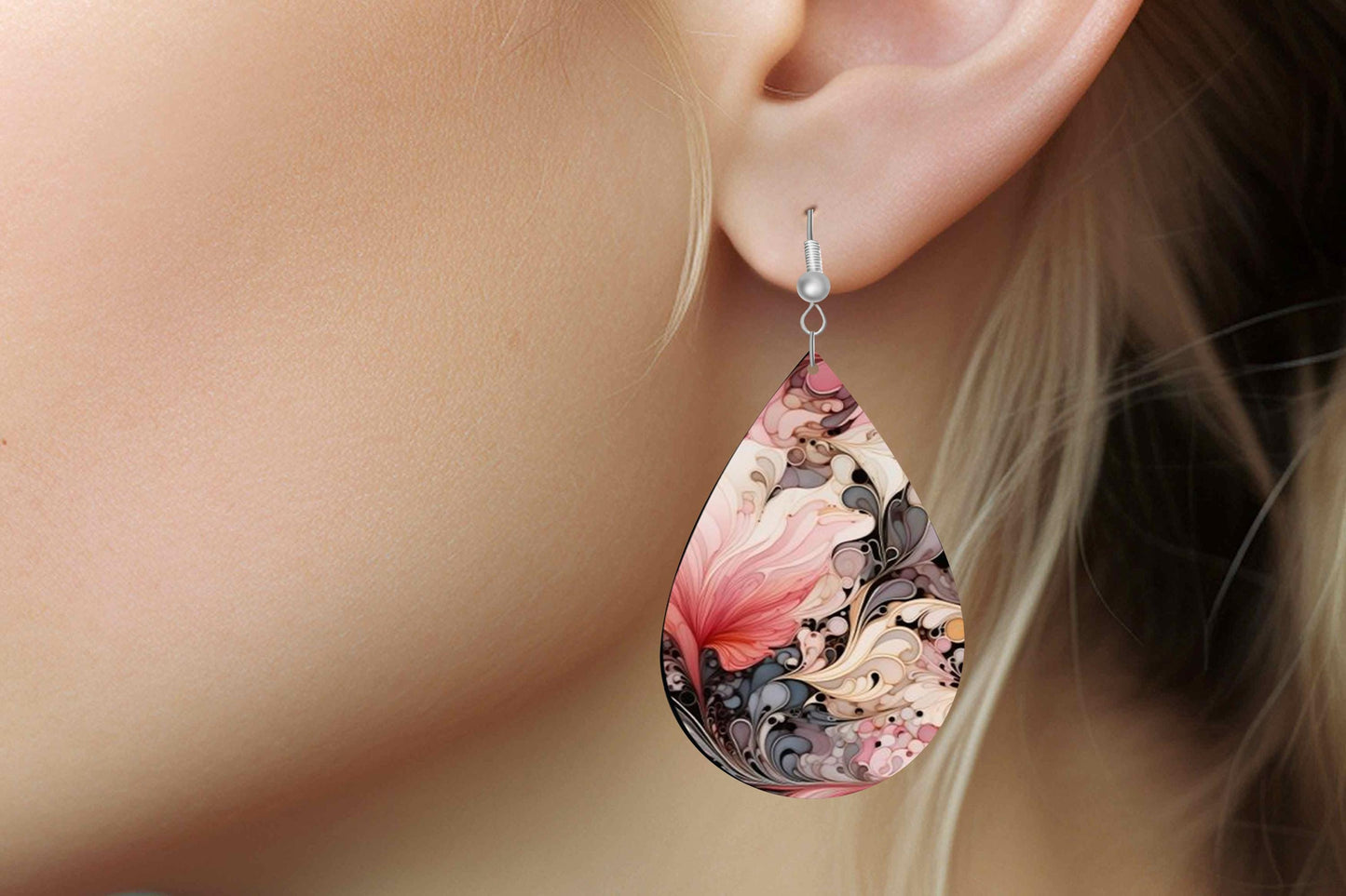 Pink and Gray Cassandra Swirl Print Earrings, Teardrop Dangle Printed Earrings Jewelry Handmade