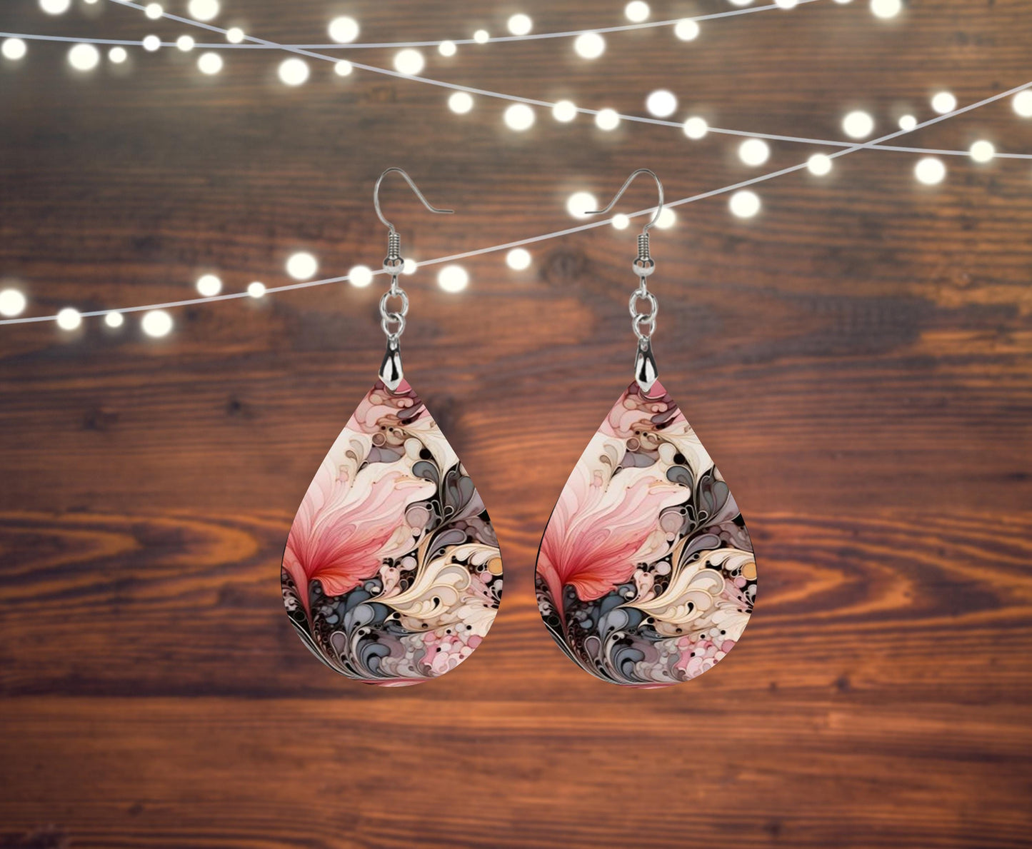 Pink and Gray Cassandra Swirl Print Earrings, Teardrop Dangle Printed Earrings Jewelry Handmade