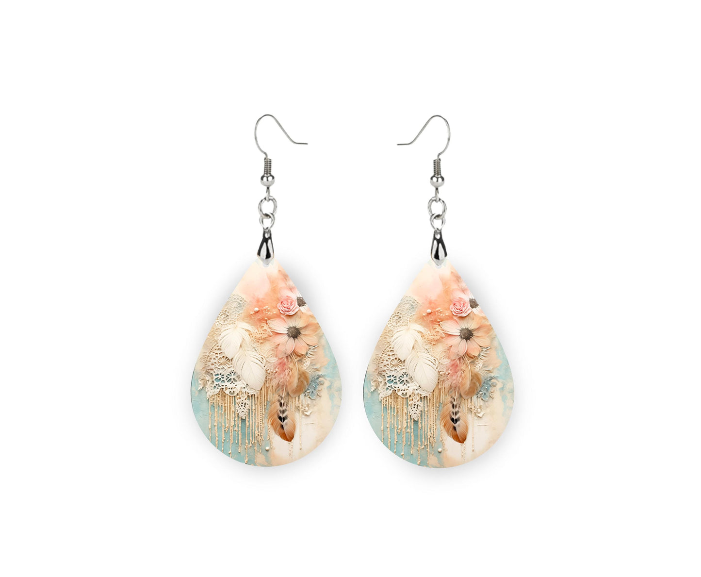 Peach Daydreams Print Earrings, Teardrop Dangle Printed Earrings Jewelry Handmade