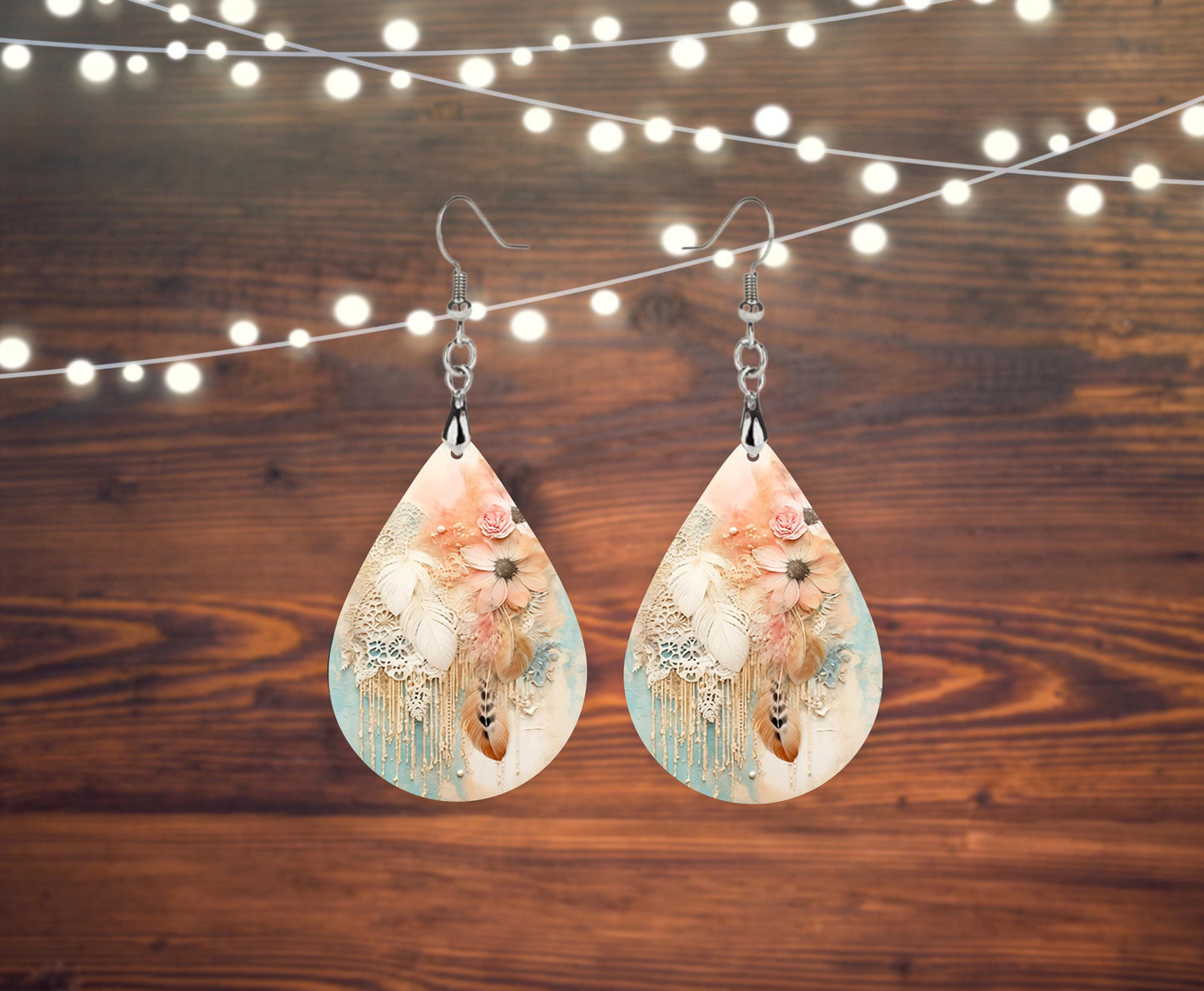 Peach Daydreams Print Earrings, Teardrop Dangle Printed Earrings Jewelry Handmade