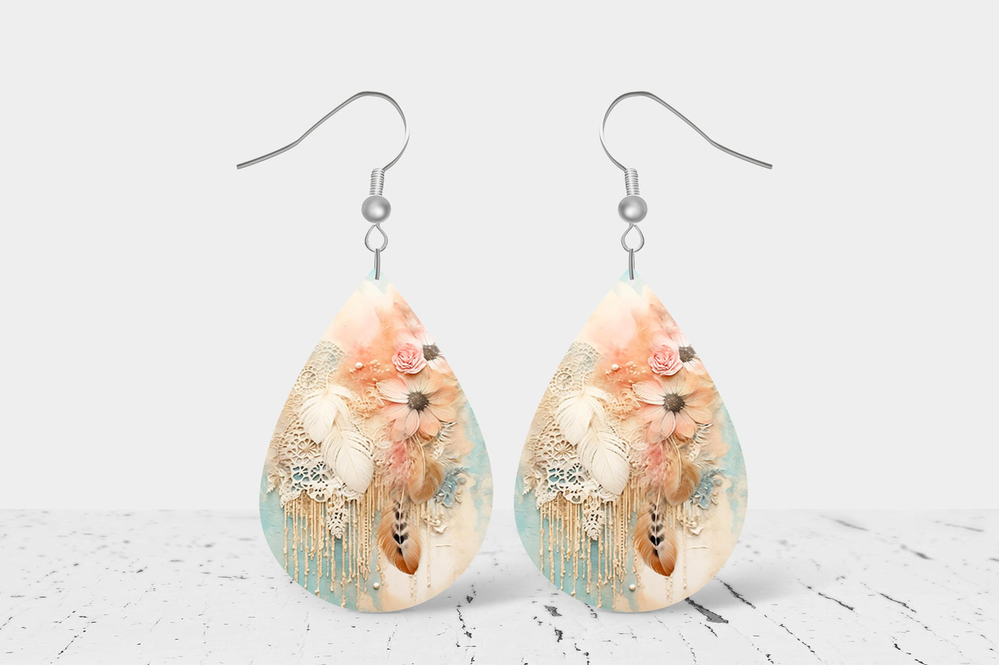 Peach Daydreams Print Earrings, Teardrop Dangle Printed Earrings Jewelry Handmade