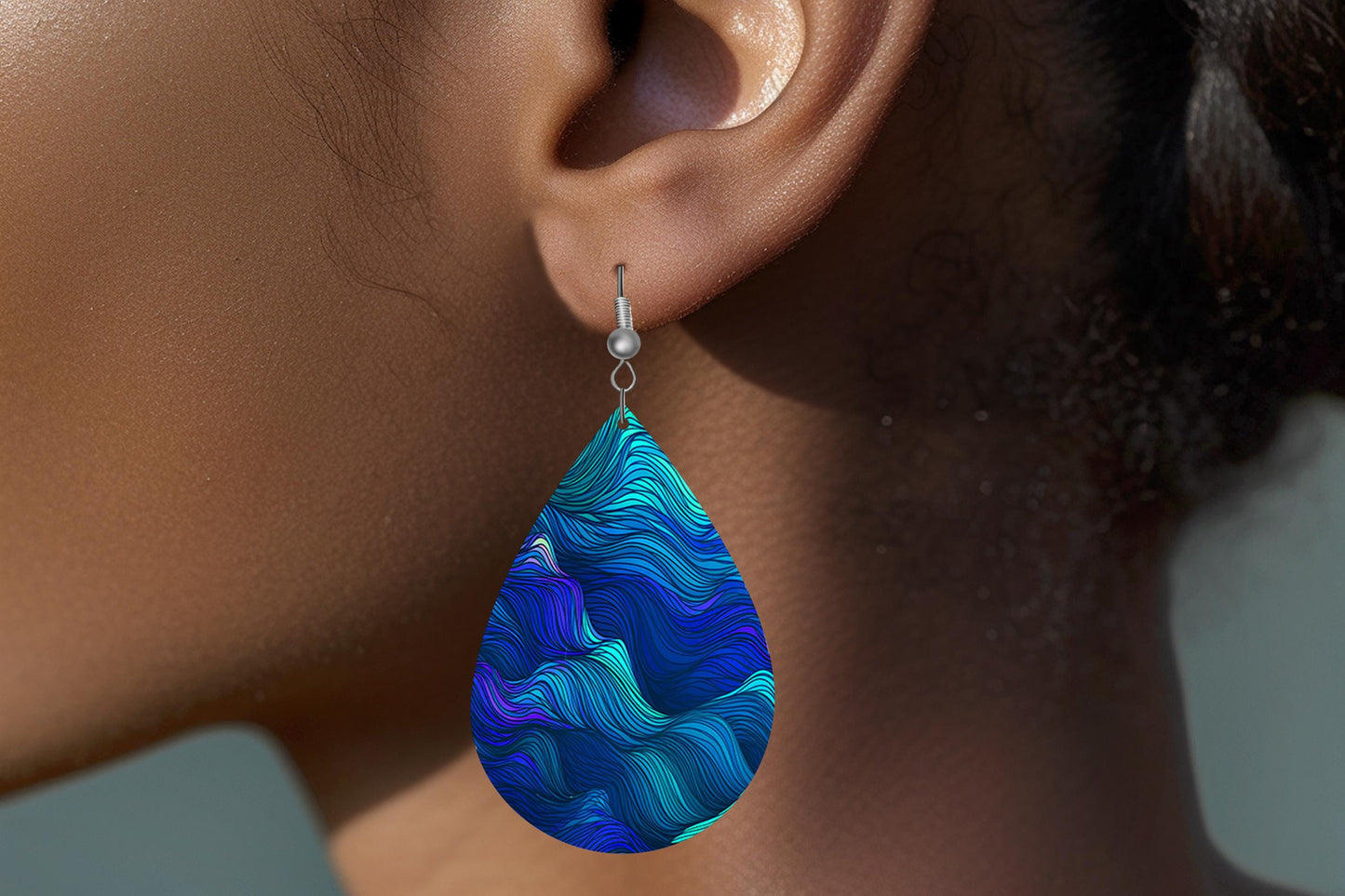 Blue Green Waves Print Earrings Print Tear Drop Wood Dangle Earrings Hypoallergenic Jewelry