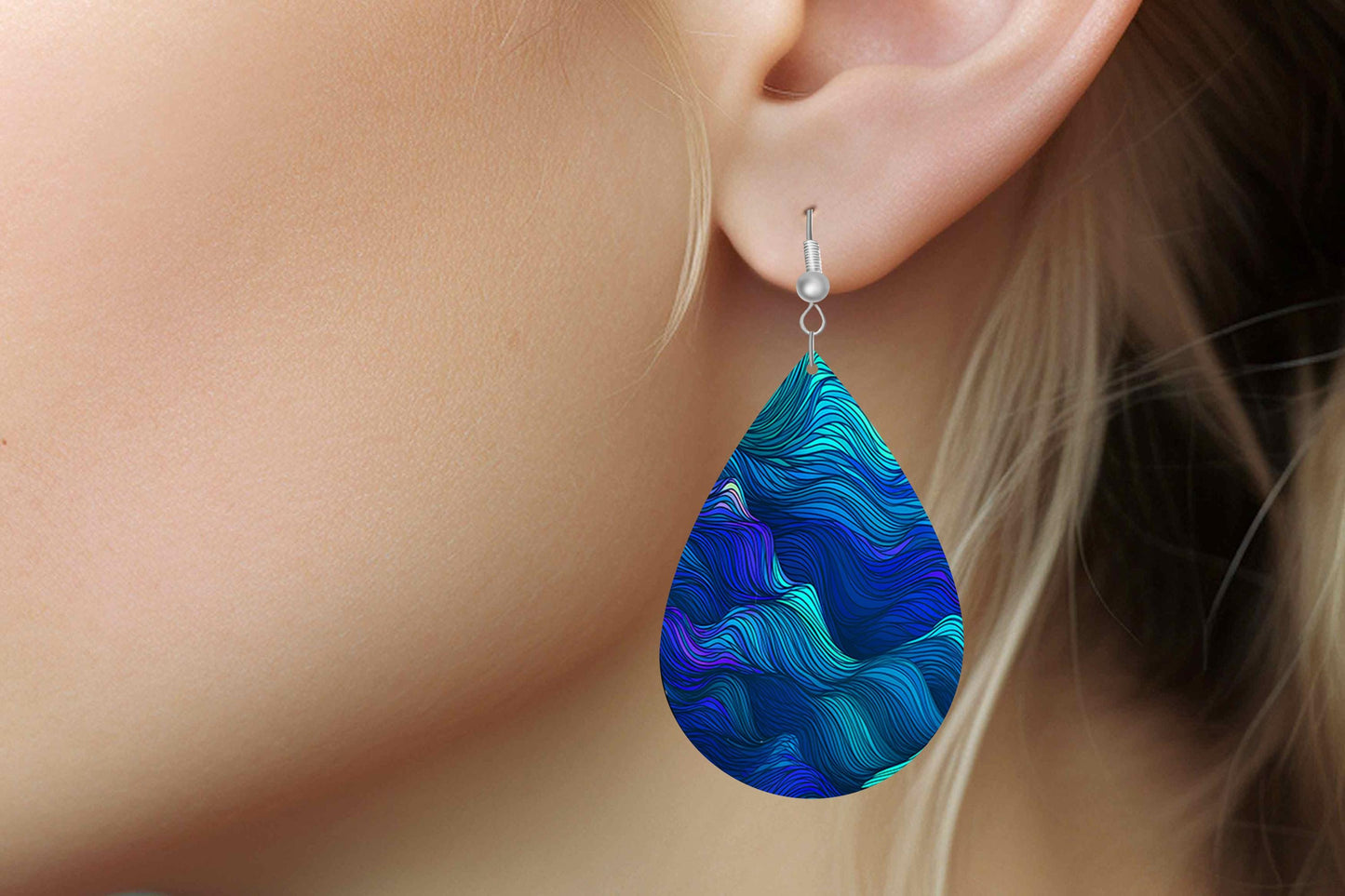 Blue Green Waves Print Earrings Print Tear Drop Wood Dangle Earrings Hypoallergenic Jewelry