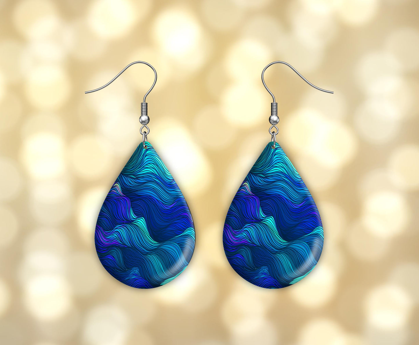 Blue Green Waves Print Earrings Print Tear Drop Wood Dangle Earrings Hypoallergenic Jewelry