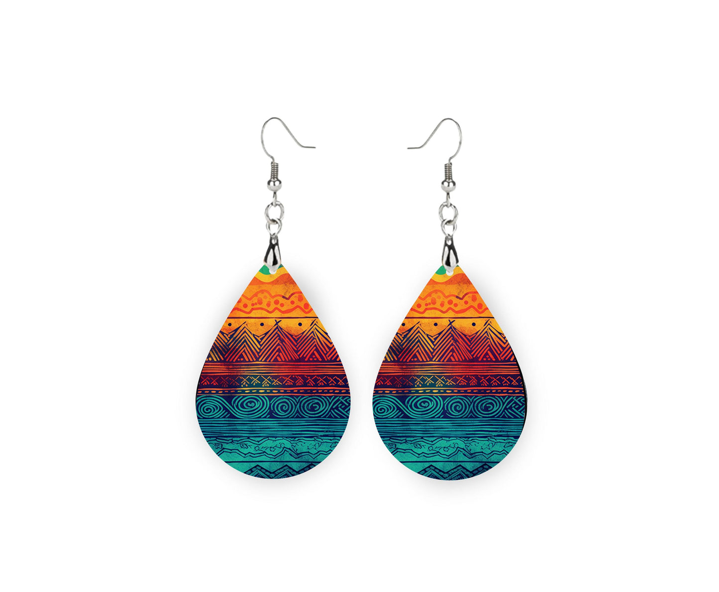 Boho Layers Print Earrings Print Tear Drop Wood Dangle Earrings Hypoallergenic Jewelry