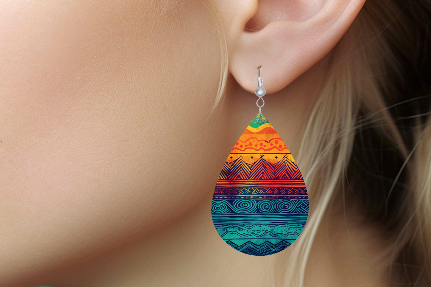 Boho Layers Print Earrings Print Tear Drop Wood Dangle Earrings Hypoallergenic Jewelry