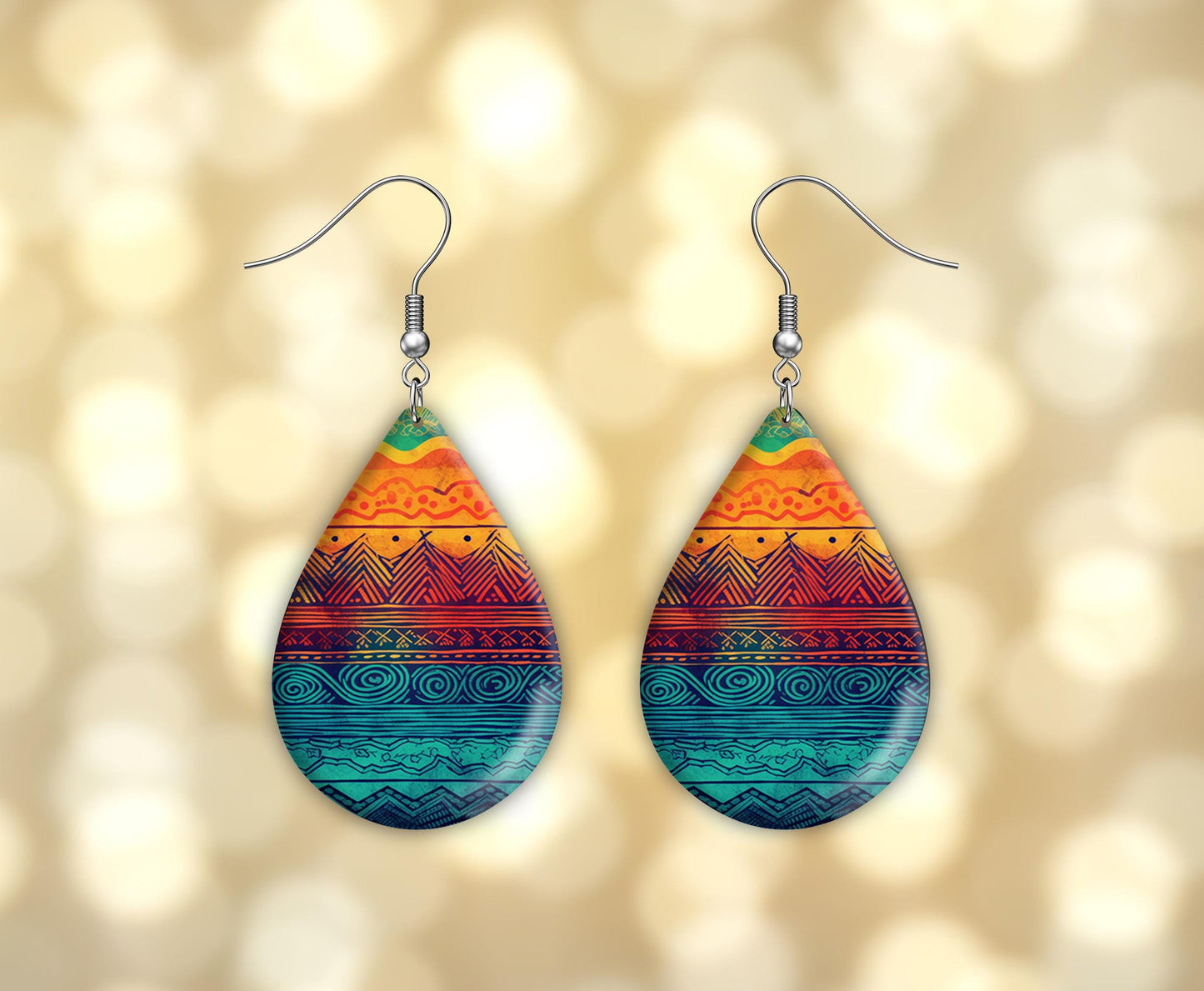 Boho Layers Print Earrings Print Tear Drop Wood Dangle Earrings Hypoallergenic Jewelry