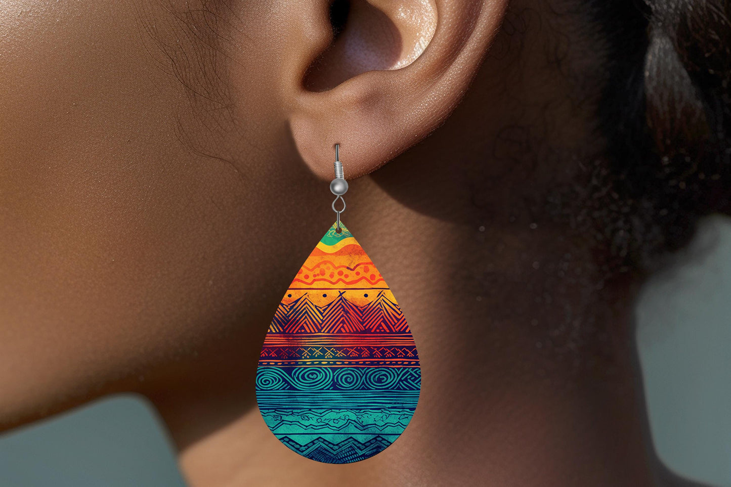 Boho Layers Print Earrings Print Tear Drop Wood Dangle Earrings Hypoallergenic Jewelry