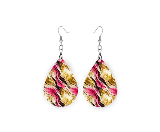 Pink Gold Swirl Print Earrings Print Tear Drop Wood Dangle Earrings Hypoallergenic Jewelry