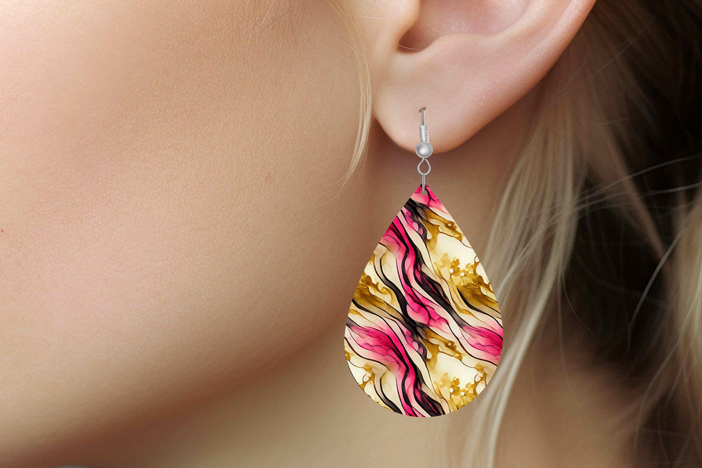 Pink Gold Swirl Print Earrings Print Tear Drop Wood Dangle Earrings Hypoallergenic Jewelry