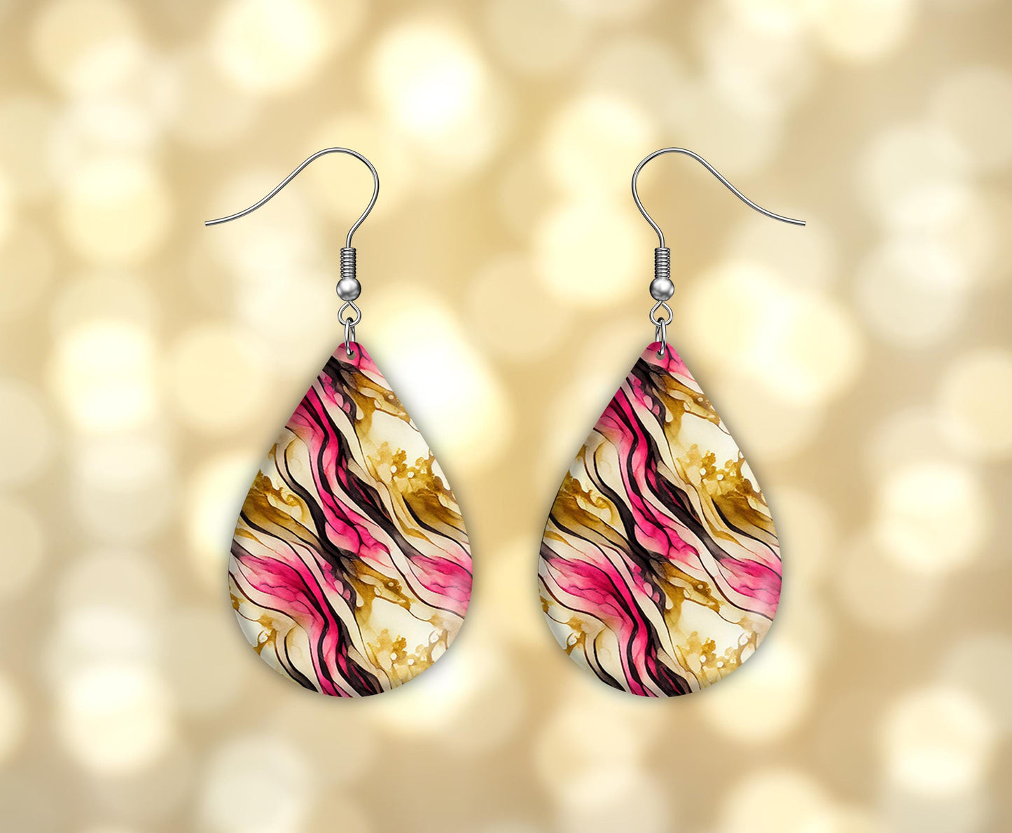 Pink Gold Swirl Print Earrings Print Tear Drop Wood Dangle Earrings Hypoallergenic Jewelry