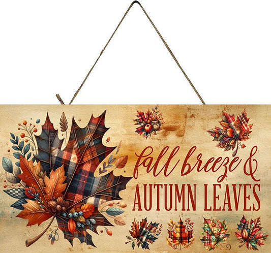 Fall Leaves Autumn Breeze Plaid Leaves Wood Sign, Wood Decorative Wall Signs, 5" x 10" Wood Wall Decor, Hanging Wall Sign