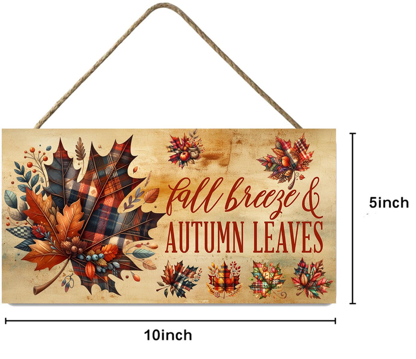 Fall Leaves Autumn Breeze Plaid Leaves Wood Sign, Wood Decorative Wall Signs, 5" x 10" Wood Wall Decor, Hanging Wall Sign