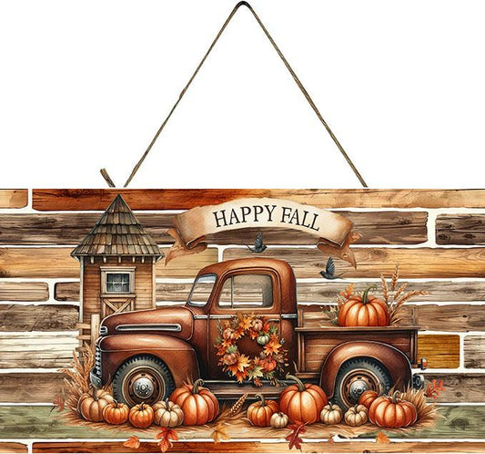 Happy Fall Brown Truck and Pumpkins Wood Sign, Wood Decorative Wall Signs, 5" x 10" Wood Wall Decor, Hanging Wall Sign