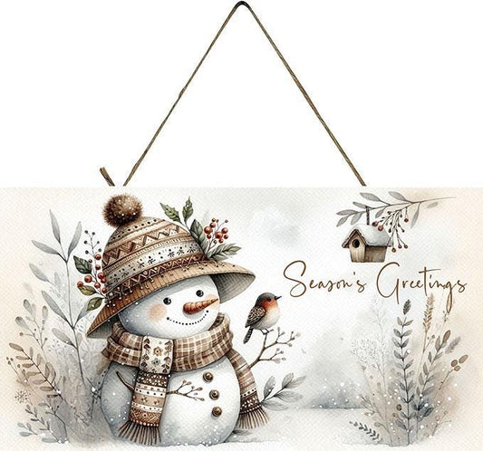 Neutral Snowman Season's Greetings Wood Sign, Wood Decorative Wall Signs, 5" x 10" Wood Wall Decor, Hanging Wall Sign